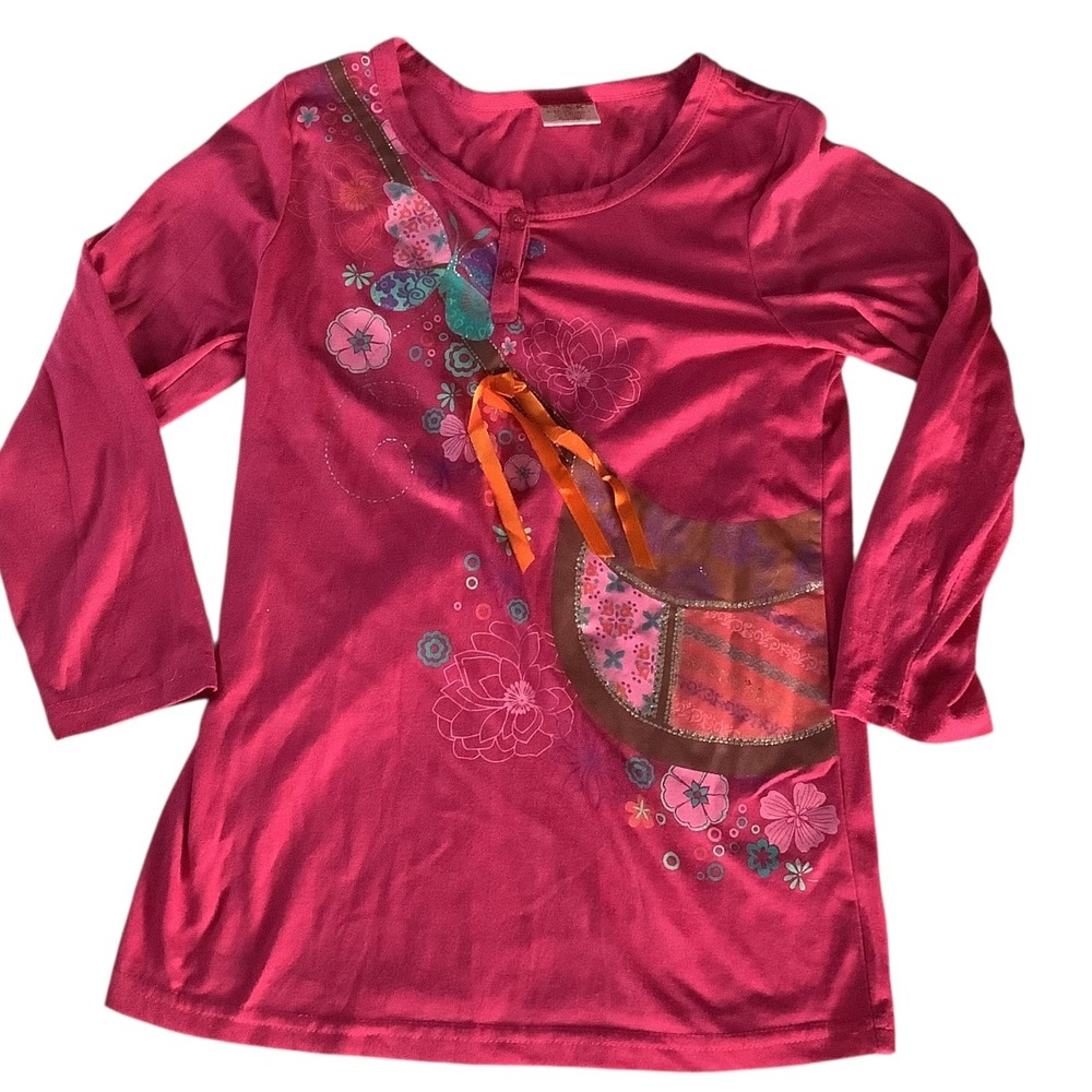 SWAK Girls Pink‎ Graphic Tunic Top Shirt Sz 14/16 L Butterfly Flower Long Sleeve